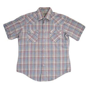 VINTAGE PURPLE & BLUE PLAID SHORT SLEEVE WESTERN SNAP FRONT SHIRT - LEVI'S - L